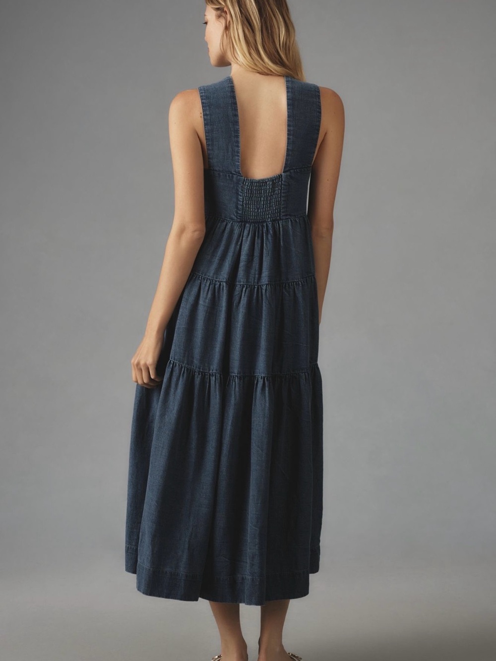 The Helena Square-Neck Tiered Midi Dress: Smocked: Denim Edition - Picture 3 of 15